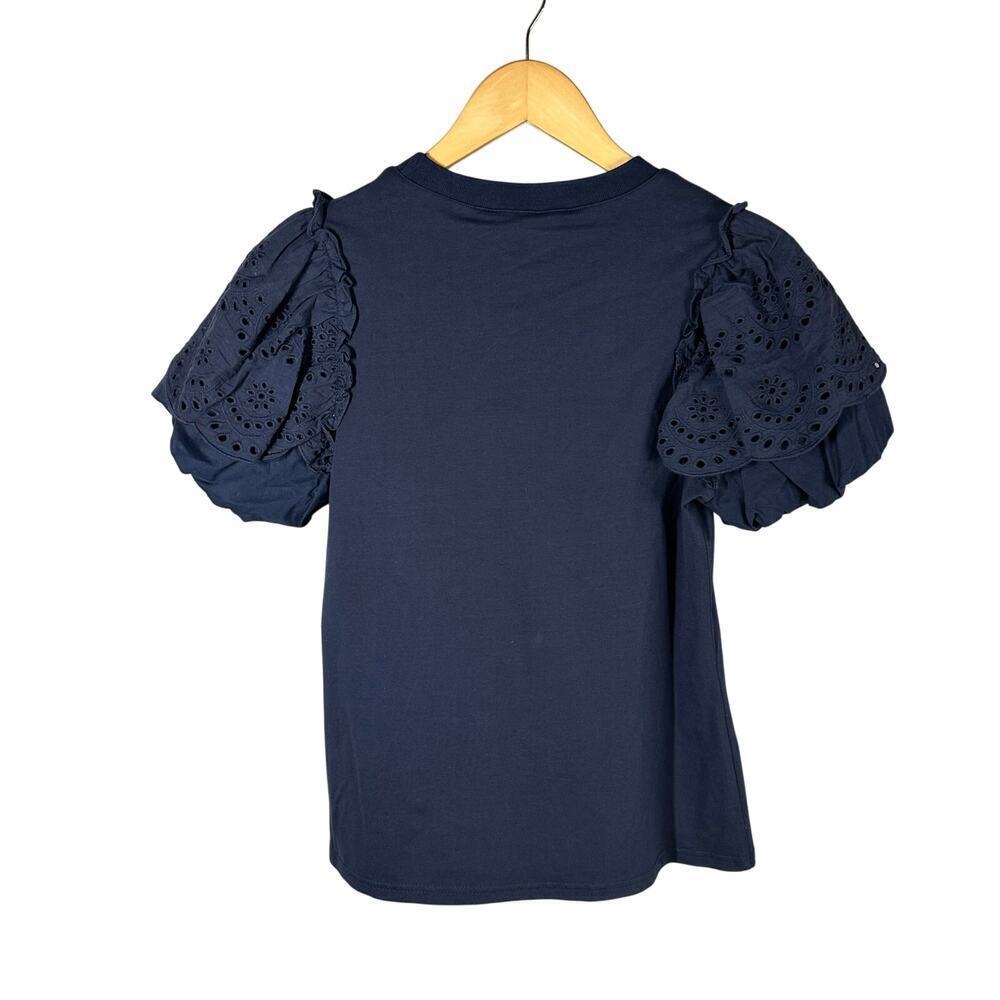Gracia Embroidered Ruffle Puff Short Sleeve Top Navy Size Small - Picture 2 of 8